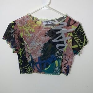 Love J Graphic Mesh Crop Top